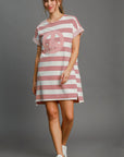 Umgee Peace Applique Striped Short Sleeve Mini Dress