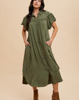 Annie Wear Mineral Washed Button Down Puff Sleeve Shirt Dress