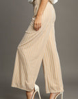 Umgee Elastic Waist Striped Wide Leg Velvet Pants