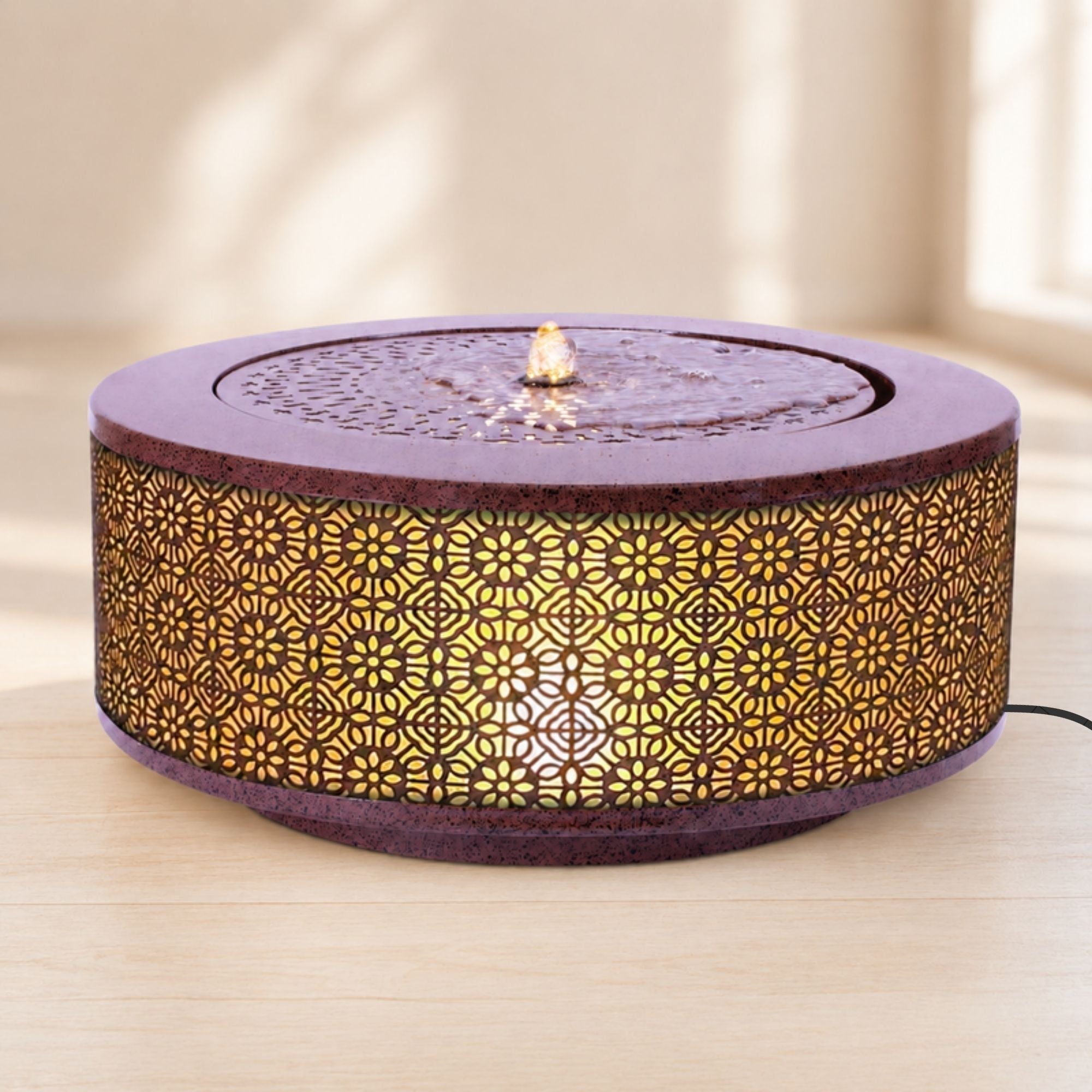 Illuminated Cut-Out Metal Round Tabletop Fountain 23.5"D