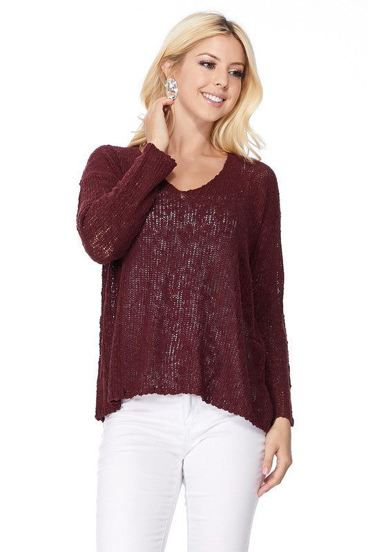 Long sleeve V Neck Thin Slub Knit Sweater