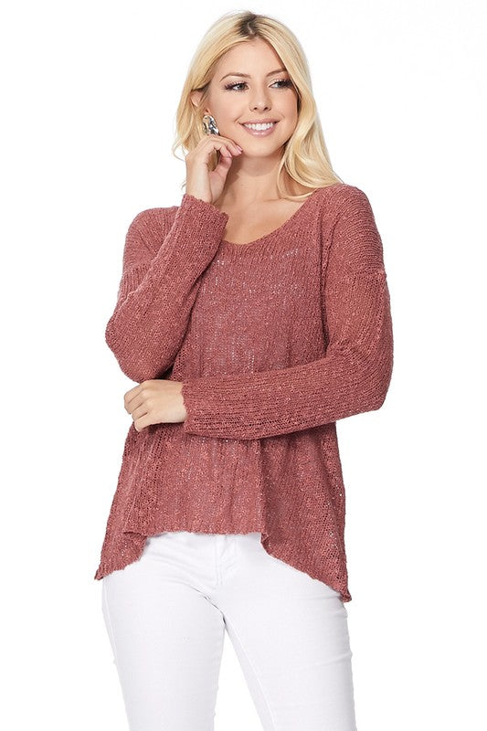 Long sleeve V Neck Thin Slub Knit Sweater