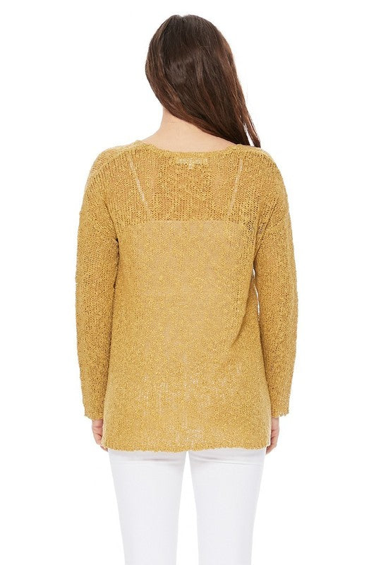 Long sleeve V Neck Thin Slub Knit Sweater