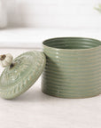 Ribbed Metal Canister with Lid 8"H; Green