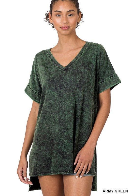 Zenana Mineral Washed Short Sleeve V-Neck - Online Only