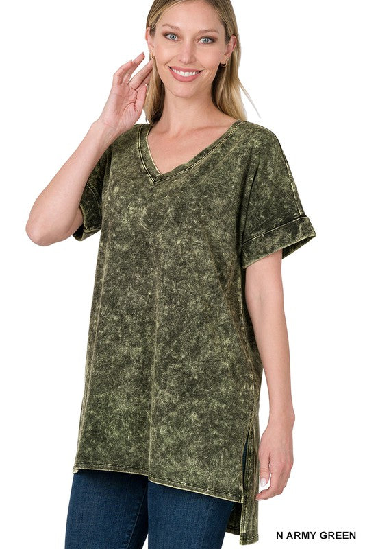 Zenana Mineral Washed Short Sleeve V-Neck - Online Only