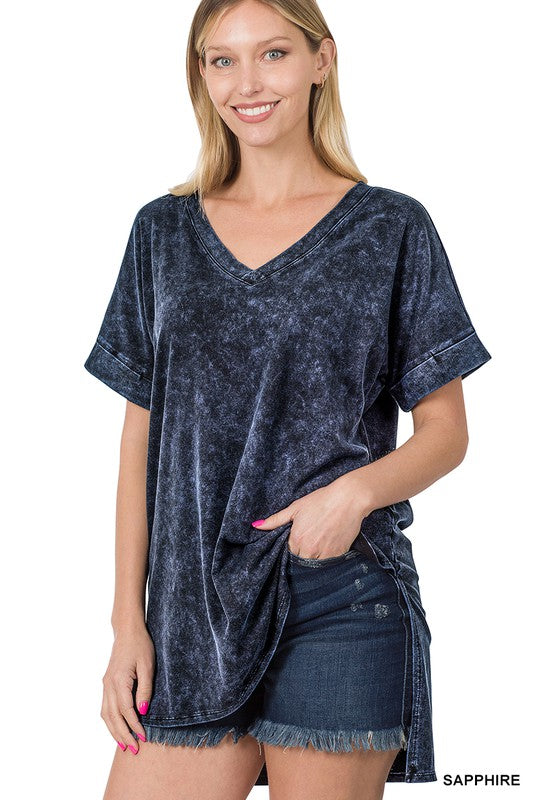 Zenana Mineral Washed Short Sleeve V-Neck - Online Only