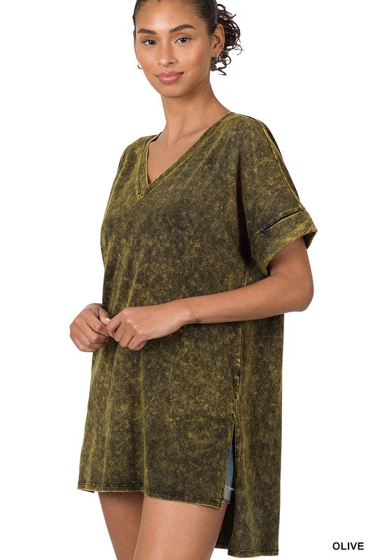 Zenana Mineral Washed Short Sleeve V-Neck - Online Only