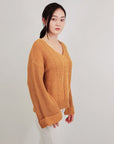 V Neck Bell-Sleeve Cable-Knit Oversize Sweater Top