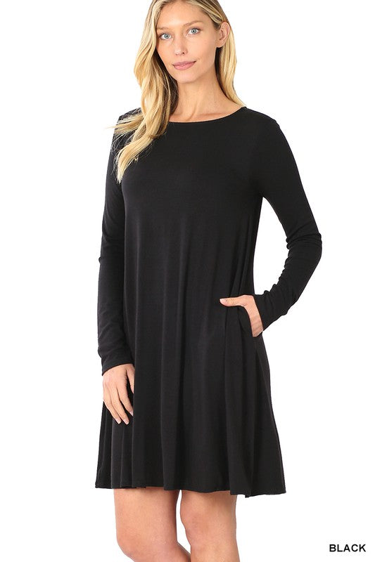 Zenana Long Sleeve Flare Dress with Pockets in Black - Online Only