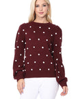 Pom Pom Crochet Polka Dot Round Neck Sweater Top