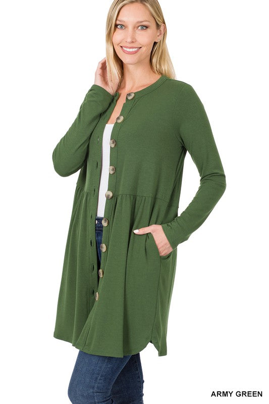 Zenana Shirred Waist Buttoned Cardigan with Side Pockets - Online Only