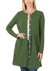 Zenana Shirred Waist Buttoned Cardigan with Side Pockets - Online Only