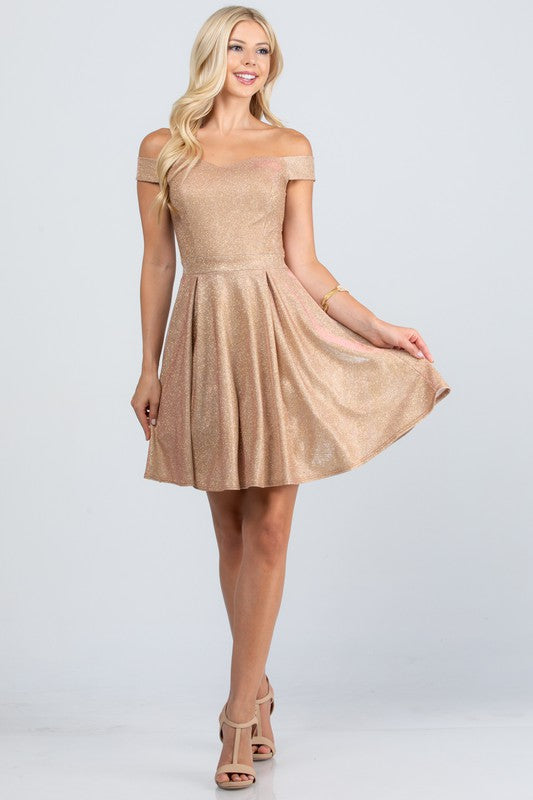 La Scala Off Shoulder Skater Dress in Jacquard Fabric