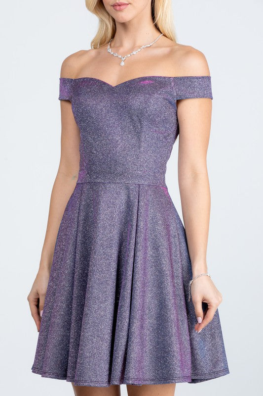 La Scala Off Shoulder Skater Dress in Jacquard Fabric