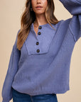 Annie Wear Half Button Ribbed Hem Sweater