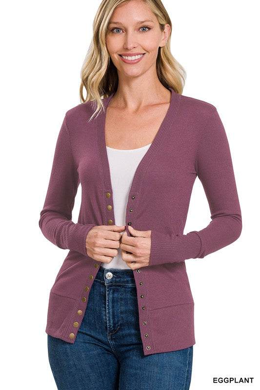 Zenana Snap Button Cardigan with Ribbed Detail