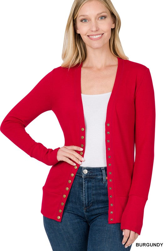 Zenana Snap Button Cardigan with Ribbed Detail - Online Only