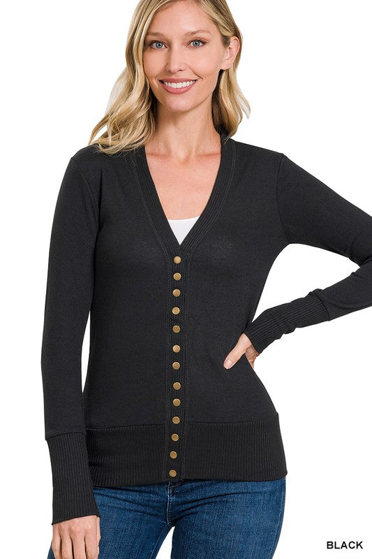 Zenana Snap Button Cardigan with Ribbed Detail