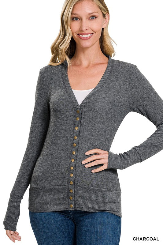 Zenana Snap Button Cardigan with Ribbed Detail