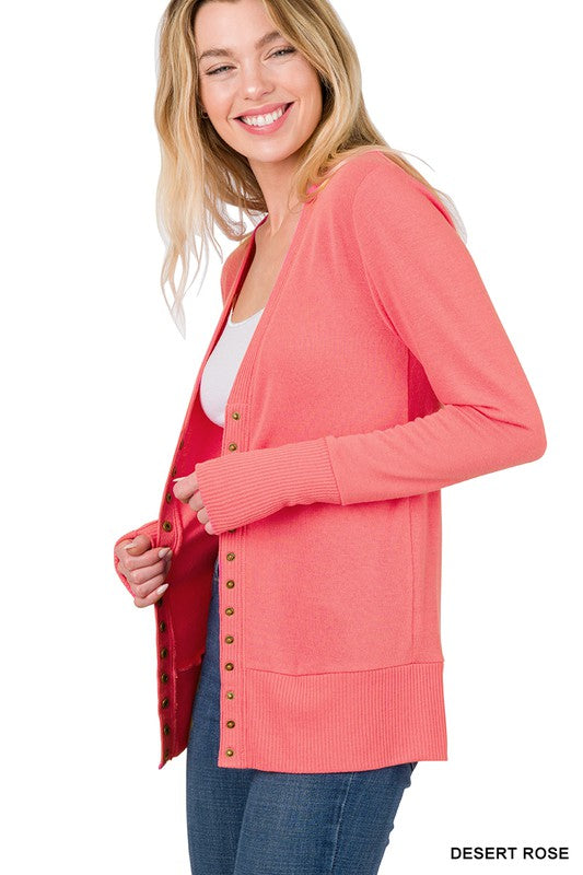 Zenana Snap Button Cardigan with Ribbed Detail - Online Only