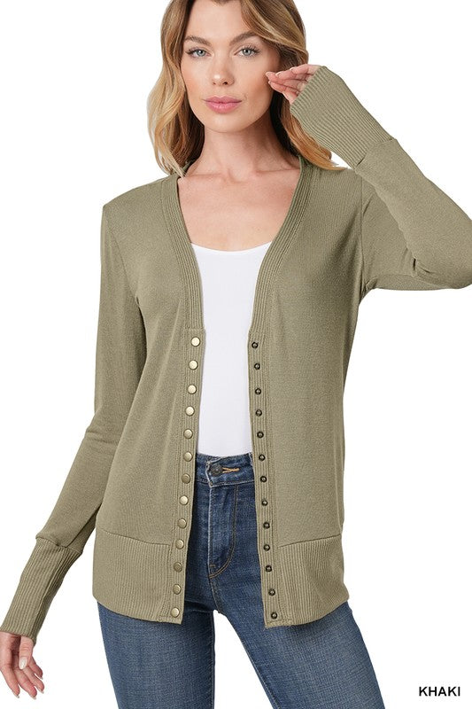 Zenana Snap Button Cardigan with Ribbed Detail - Online Only