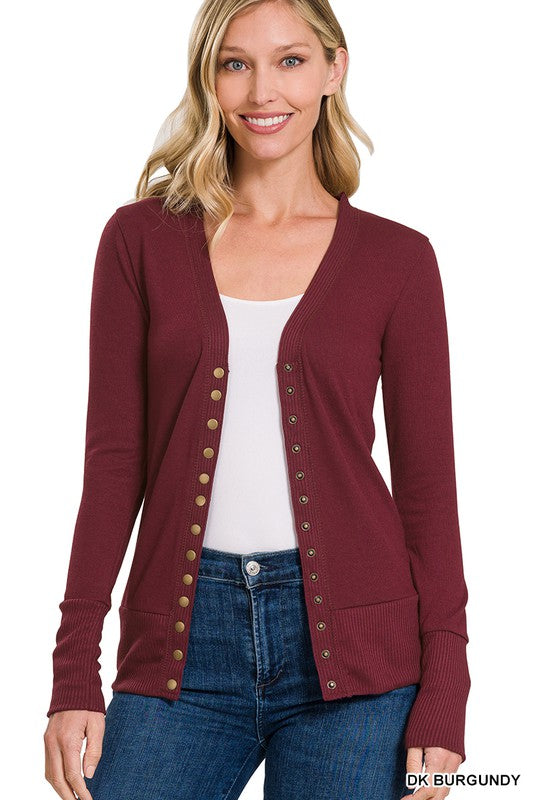 Zenana Snap Button Cardigan with Ribbed Detail