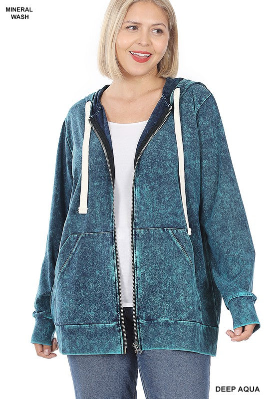 Zenana Plus Mineral Wash Hoodie in Blackberry Online Only