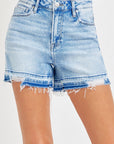 RISEN High Rise Distressed Hem Denim Shorts