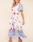 Haptics Printed Notched Short Sleeve Tiered Dress