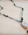 Long Amazonite Necklace with Genuine White Druzy Pendant