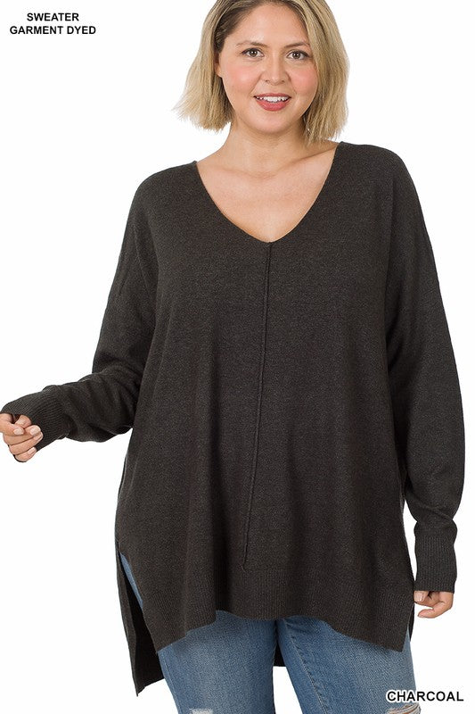 Zenana Plus Hi Low V-Neck Center Seam Sweater - Online Only
