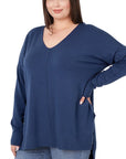 Zenana Plus Hi Low V-Neck Center Seam Sweater - Online Only