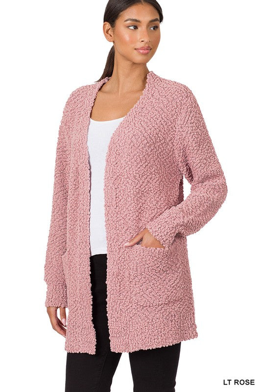 Zenana Long Sleeve Popcorn Sweater Cardigan with Pockets - Online Only