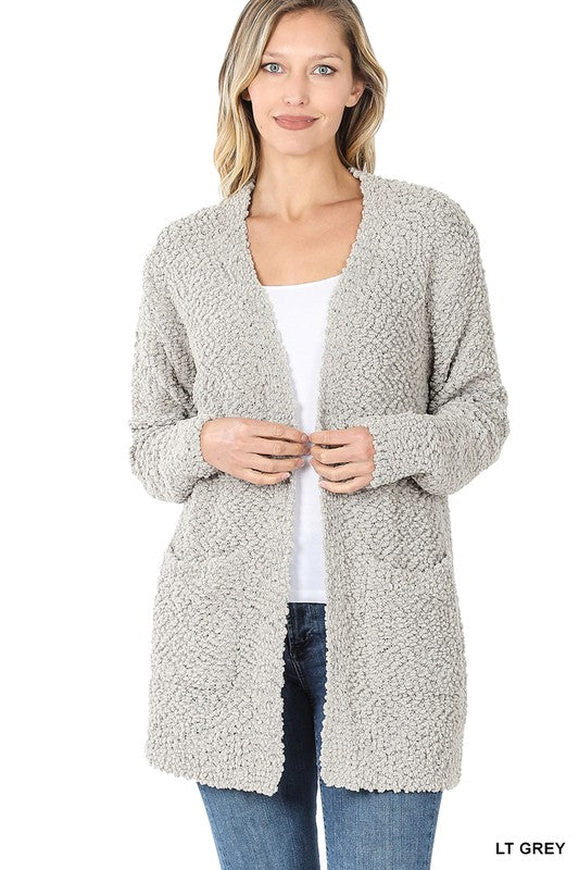 Zenana Long Sleeve Popcorn Sweater Cardigan Light Grey - Online Only