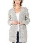 Zenana Long Sleeve Popcorn Sweater Cardigan Light Grey - Online Only