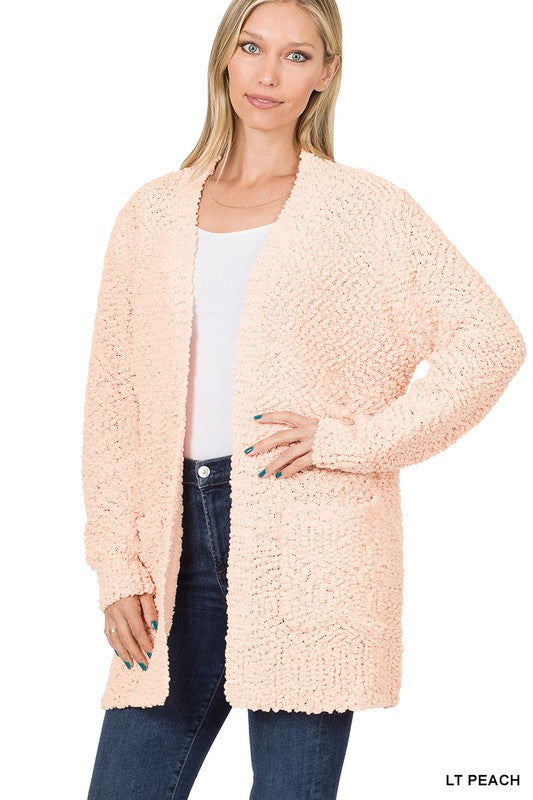 Zenana Long Sleeve Popcorn Sweater Cardigan Light Grey - Online Only