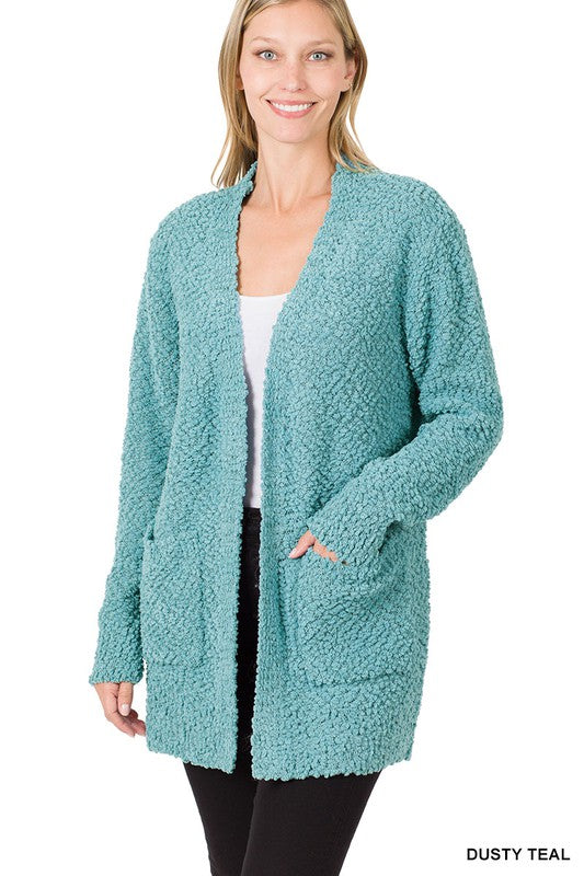 Zenana Long Sleeve Popcorn Sweater Cardigan Light Grey - Online Only