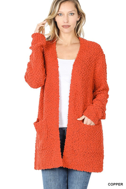 Zenana Long Sleeve Popcorn Sweater Cardigan Light Grey - Online Only