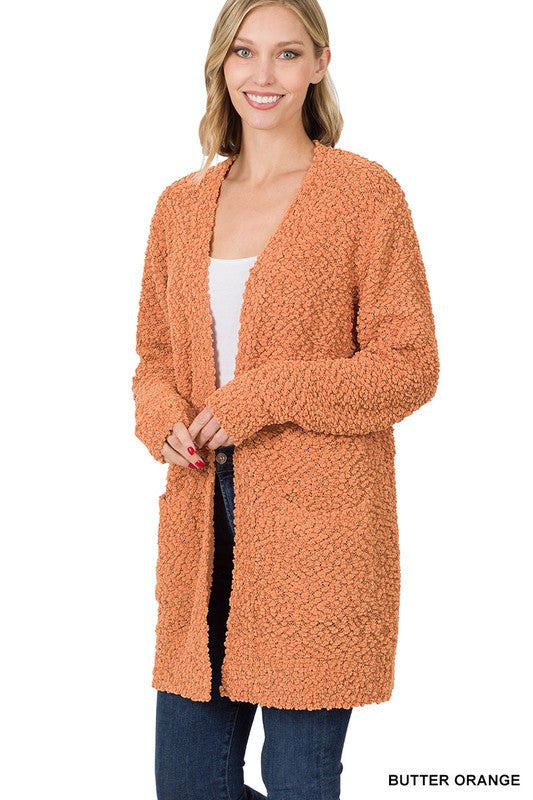 Zenana Long Sleeve Popcorn Sweater Cardigan Light Grey - Online Only