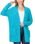 Zenana Long Sleeve Popcorn Sweater Cardigan Light Grey - Online Only