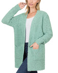 Zenana Long Sleeve Popcorn Sweater Cardigan Light Grey - Online Only