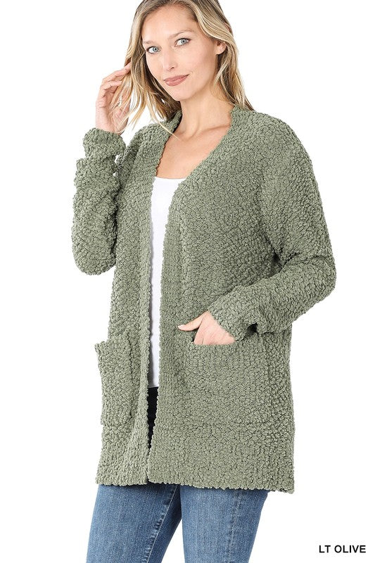 Zenana Long Sleeve Popcorn Sweater Cardigan Light Grey - Online Only