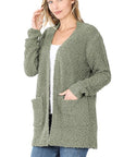 Zenana Long Sleeve Popcorn Sweater Cardigan Light Grey - Online Only