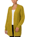 Zenana Long Sleeve Popcorn Sweater Cardigan Light Grey - Online Only