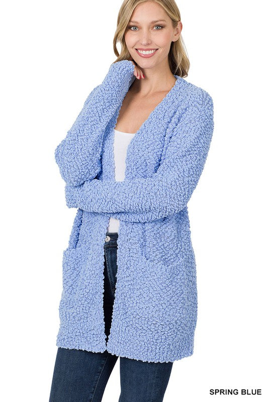 Zenana Long Sleeve Popcorn Sweater Cardigan Light Grey - Online Only