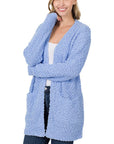 Zenana Long Sleeve Popcorn Sweater Cardigan Light Grey - Online Only