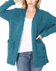 Zenana Long Sleeve Popcorn Sweater Cardigan Light Grey - Online Only