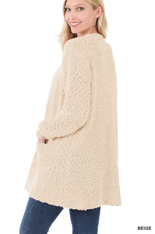 Zenana Long Sleeve Popcorn Sweater Cardigan Light Grey - Online Only