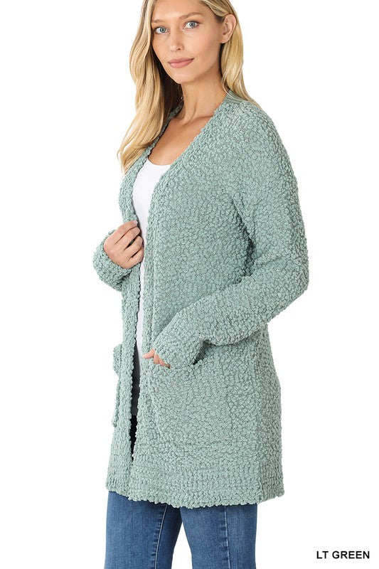 Zenana Long Sleeve Popcorn Sweater Cardigan Light Grey - Online Only